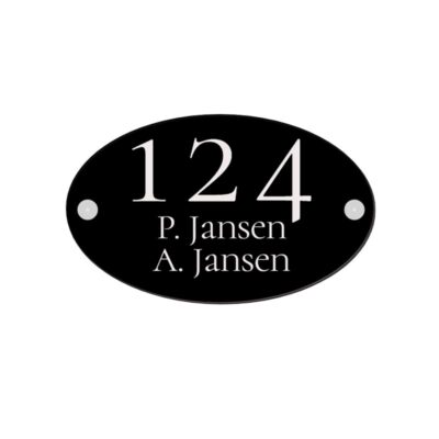 Huisnummerbord ovaal 18x11cm zwart acrylaat met lasergravure