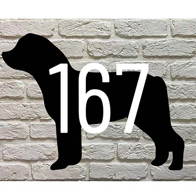 Berner sennenhond silhouet huisnummerbord met max 3 cijfers - zwart acrylaat met witte/groene cijfers