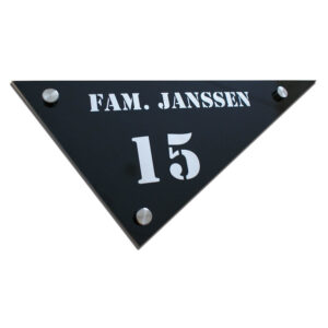 driehoek vorm Naambord Huisnummerbord zwart ACP met lasergravure, modern en weerbestendig