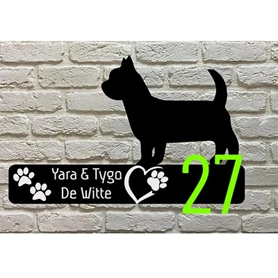 Yorkshire Terrier silhouet naambord van zwart acrylaat met vaste cijferpositie aan de rechterzijde