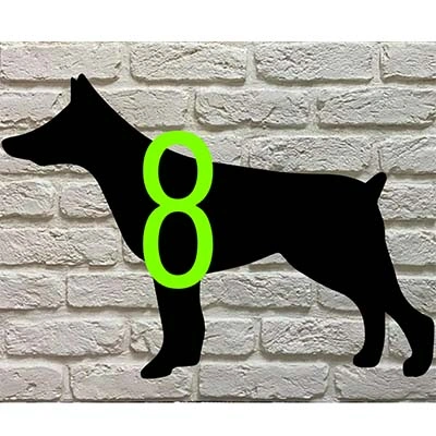 Manchester Terrier silhouet huisnummerbord met max 3 cijfers - zwart acrylaat met witte/groene cijfers