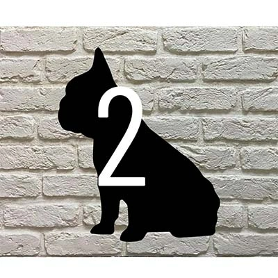 Franse Bulldog silhouet huisnummerbord met max 3 cijfers - zwart acrylaat met witte/groene cijfers