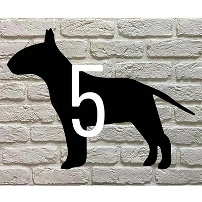 Bull terrier silhouet huisnummerbord met max 3 cijfers - zwart acrylaat met witte/groene cijfers