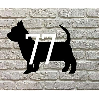 Yorkshire Terrier silhouet huisnummerbord met max 3 cijfers - zwart acrylaat met witte/groene cijfers