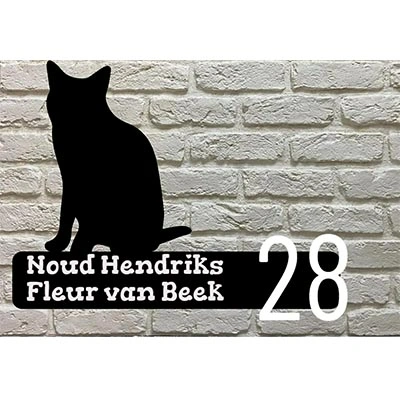 Frans kattenras silhouet naambord van zwart acrylaat met witte cijfers